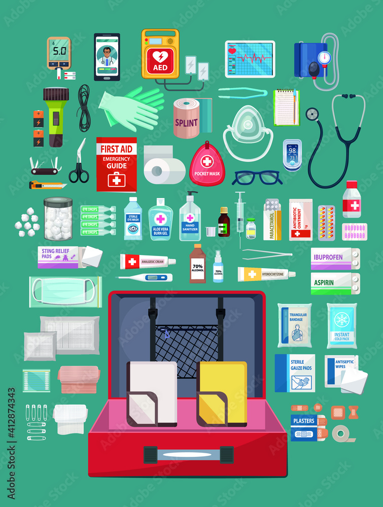 First aid kit box with medical equipment and medications for emergency