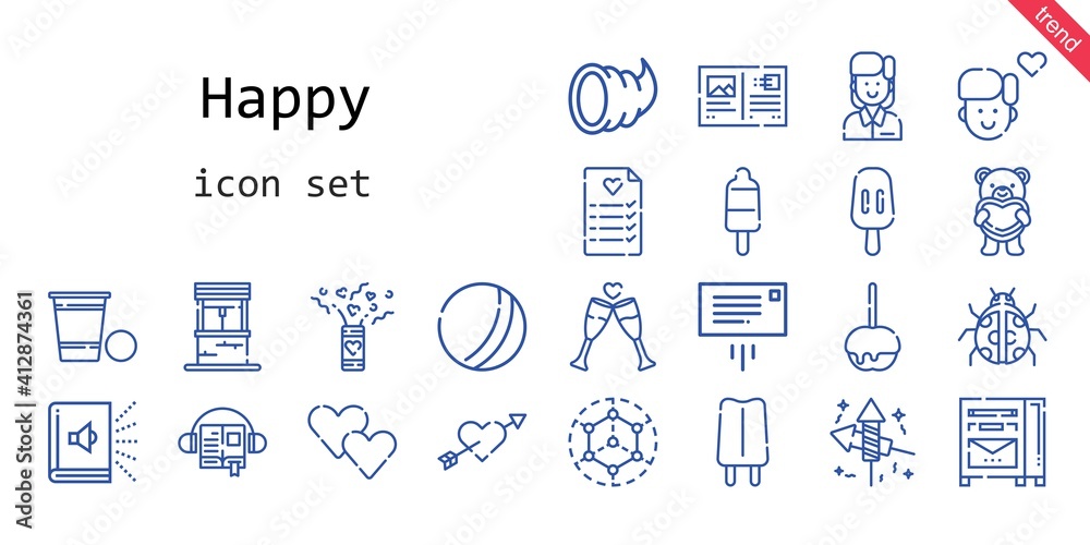 happy icon set. line icon style. happy related icons such as audiobook, confetti, modeling, caramelized apple, ladybug, message, employee, fireworks, boy, heart, popsicle, cupid, toast, happy icon set. line icon style. happy related icons such as audiobook, confetti, modeling, caramelized apple, ladybug, message, employee, fireworks, boy, heart, popsicle, cupid, toast,