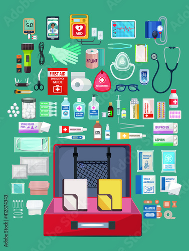 First aid kit box with medical equipment and medications for emergency vector illustrator. First aid stock set illustration.