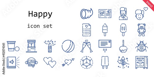 happy icon set. line icon style. happy related icons such as audiobook, confetti, modeling, caramelized apple, ladybug, message, employee, fireworks, boy, heart, popsicle, cupid, toast, 