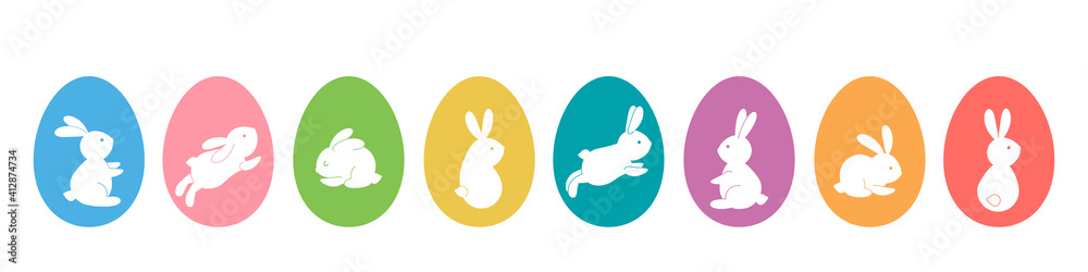 set of colored Easter eggs with various Easter bunnies inside. happy easter concept. set of colored Easter eggs with various Easter bunnies inside. happy easter concept.