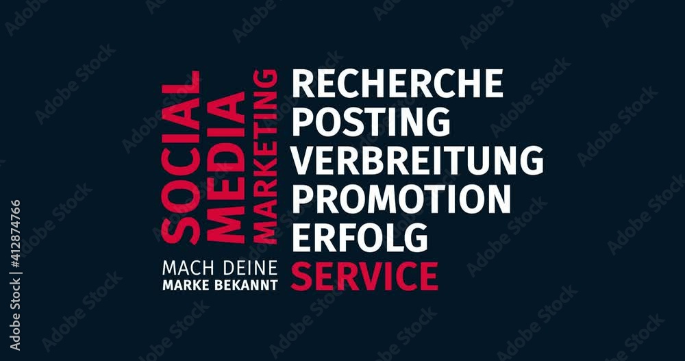 Social Media Marketing. Mach deine Marke bekannt. Animierte Schlagwortwolke. Kinetische Text Animation. Social Media Marketing. Mach deine Marke bekannt. Animierte Schlagwortwolke. Kinetische Text Animation.