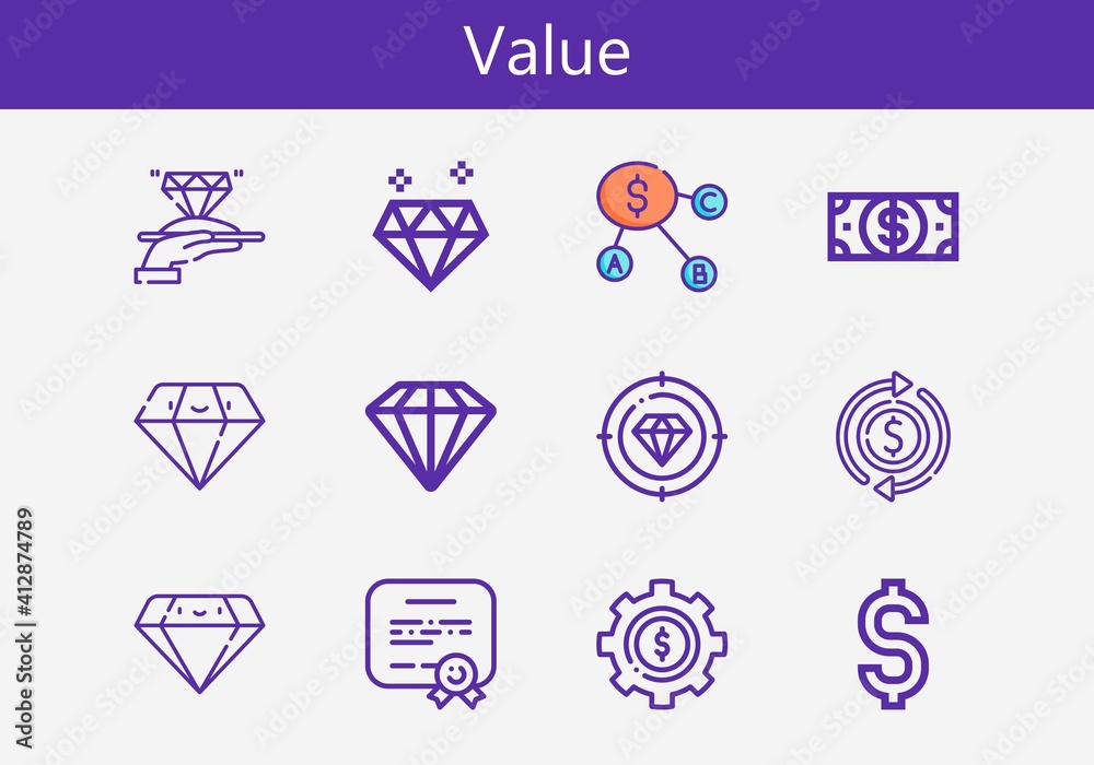Premium set of value line icons. Simple value icon pack. Stroke vector illustration on a white background. Modern outline style icons collection of Diploma, Dollar, Diamond Premium set of value line icons. Simple value icon pack. Stroke vector illustration on a white background. Modern outline style icons collection of Diploma, Dollar, Diamond
