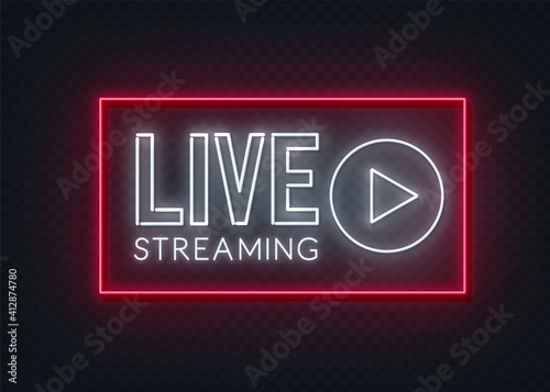Live streaming neon sign on a transparent background .