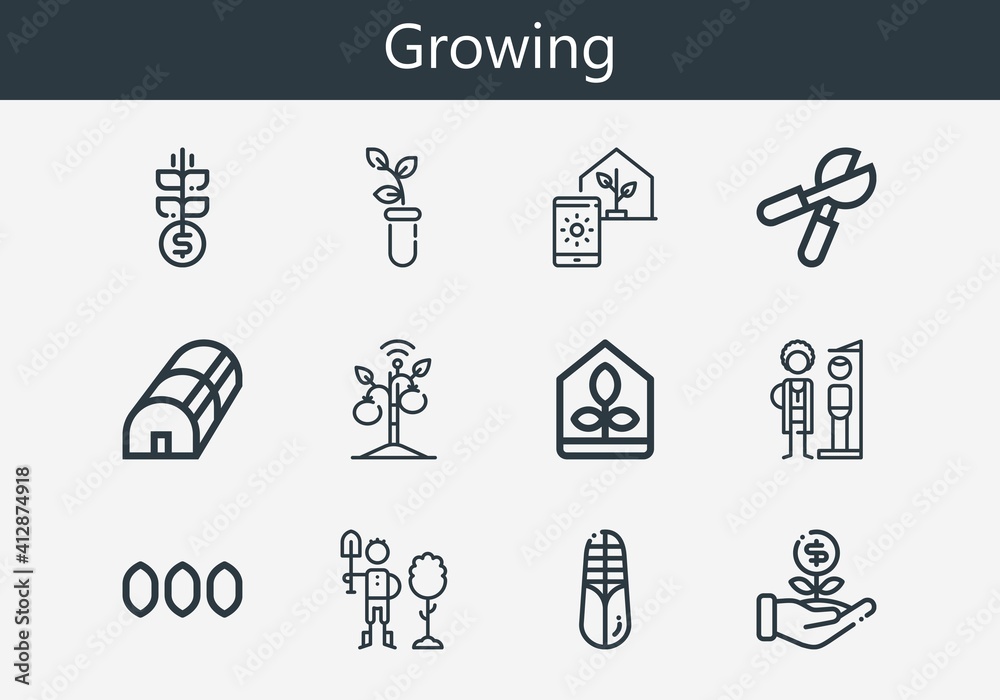 Premium set of growing line icons. Simple growing icon pack. Stroke vector illustration on a white background. Modern outline style icons collection of Pruning shears, Grow, Seeds, Reforestation Premium set of growing line icons. Simple growing icon pack. Stroke vector illustration on a white background. Modern outline style icons collection of Pruning shears, Grow, Seeds, Reforestation