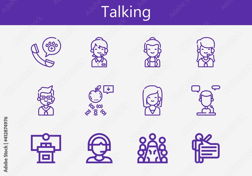 Premium set of talking line icons. Simple talking icon pack. Stroke vector illustration on a white background. Modern outline style icons collection of Call center, Support, Meeting, Speech