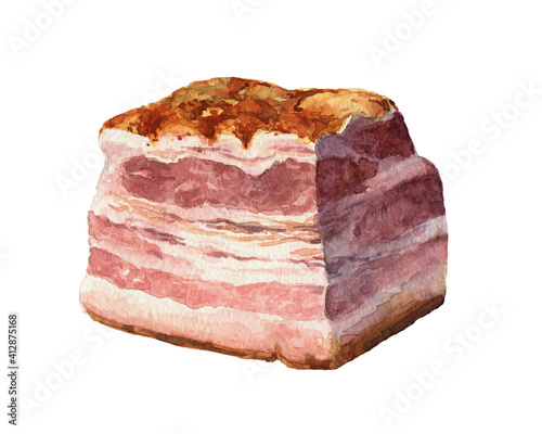 a piece of smoked pork belly, bacon for breakfast, delicious food, menu design, color illustration isolated on a white background in watercolor technique and hand drawn style
