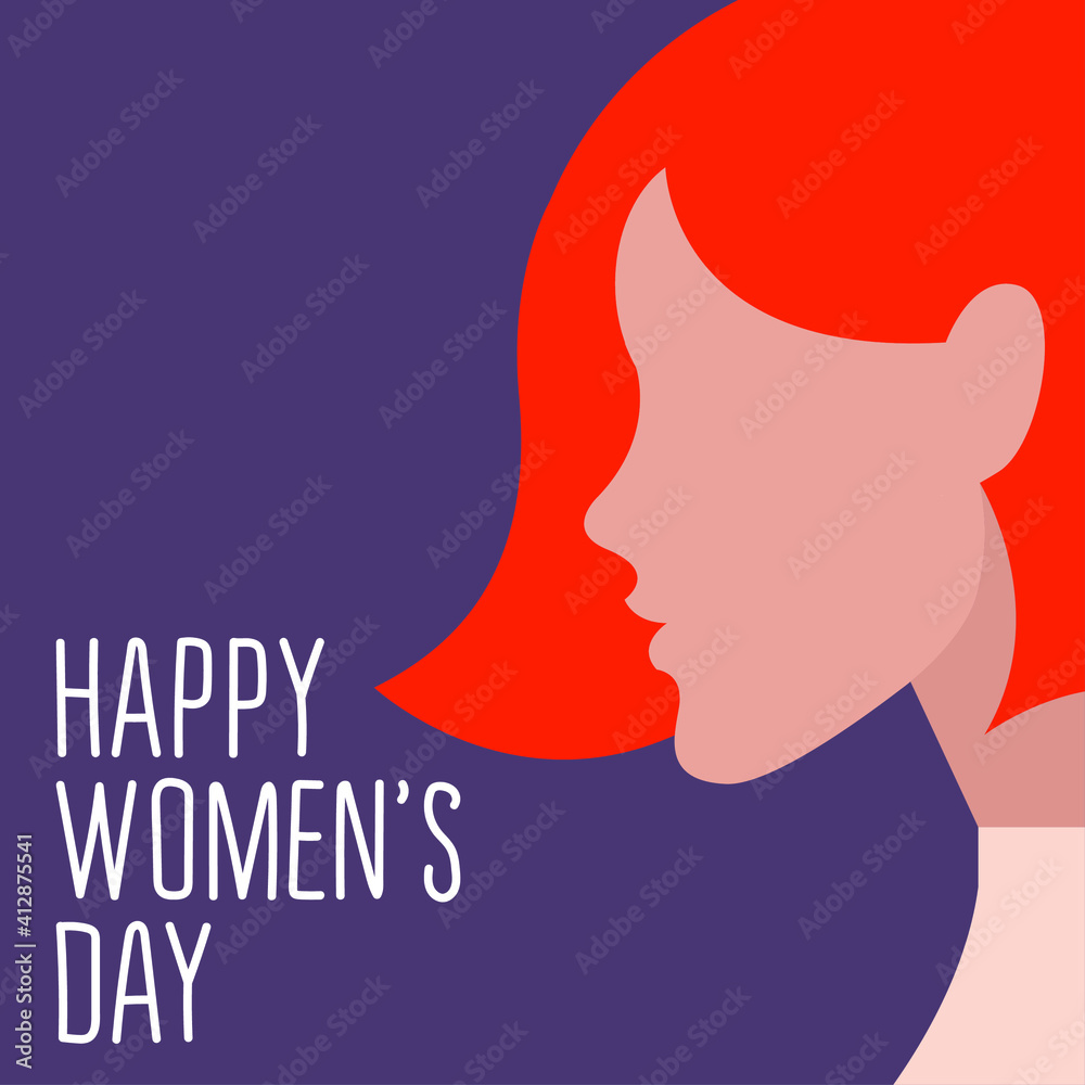 vector ultra minimalistic greeting card or poster for international womens day in trending colors. beautiful female profile with fashionable hairstyle. happy womens day lettering.colors can be changed vector ultra minimalistic greeting card or poster for international womens day in trending colors. beautiful female profile with fashionable hairstyle. happy womens day lettering.colors can be changed