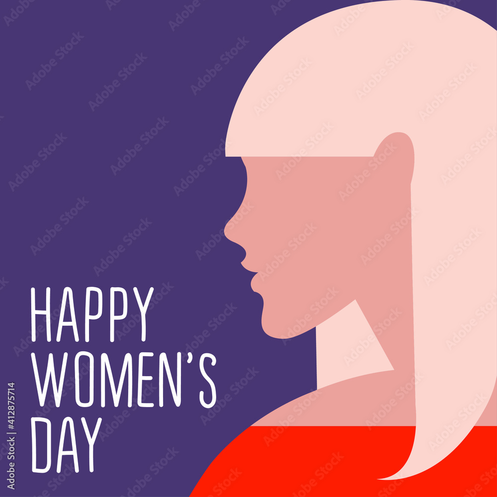 vector ultra minimalistic greeting card or poster for international womens day in trending colors. beautiful female profile with fashionable hairstyle. happy womens day lettering.colors can be changed