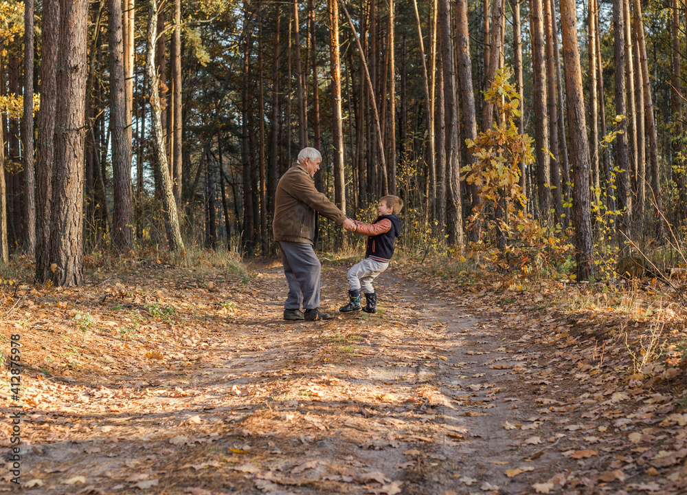 Fototapeta premium Happy child with Grandfather playing at the forest. Grandpa retiree. Retirement parent. Portrait of pensive senior man and his grandson. Senior man having fun with his grandchild outdoor.