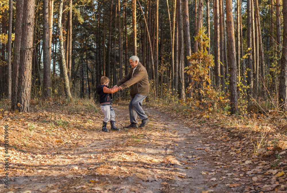 Happy child with Grandfather playing at the forest. Grandpa retiree. Retirement parent. Portrait of pensive senior man and his grandson. Senior man having fun with his grandchild outdoor. Happy child with Grandfather playing at the forest. Grandpa retiree. Retirement parent. Portrait of pensive senior man and his grandson. Senior man having fun with his grandchild outdoor.