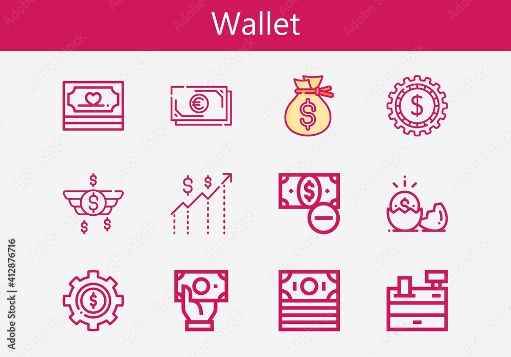 Premium set of wallet line icons. Simple wallet icon pack. Stroke vector illustration on a white background. Modern outline style icons collection of Money, Dollar, Cash register, Cash Premium set of wallet line icons. Simple wallet icon pack. Stroke vector illustration on a white background. Modern outline style icons collection of Money, Dollar, Cash register, Cash