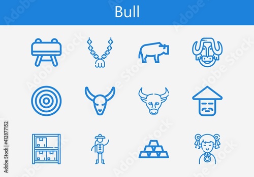 Premium set of bull line icons. Simple bull icon pack. Stroke vector illustration on a white background. Modern outline style icons collection of Buck, Pendant, Dartboard, Bull skull, Bison