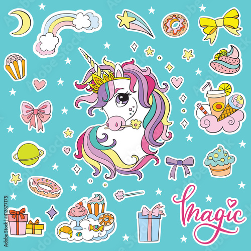 Set of cartoon unicorns head vector illustration