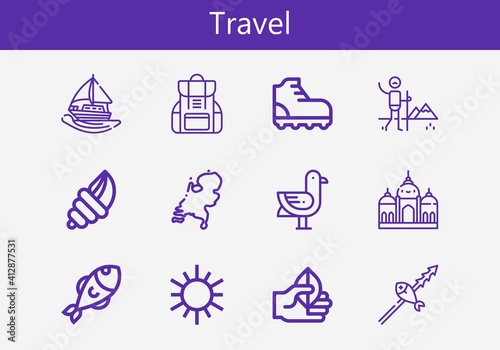 Premium set of travel line icons. Simple travel icon pack. Stroke vector illustration on a white background. Modern outline style icons collection of Backpack, Seashell, Sailing boat, Climbing