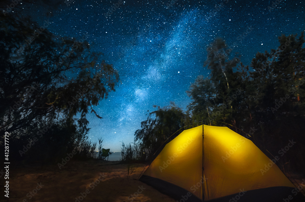 yellow tent under the Milky Way