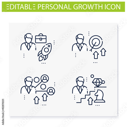 Personal growth line icons set. Consists of self knowledge, enhancing lifestyle, social relation, identifying potential. Isolated vector illustrations. Editable stroke