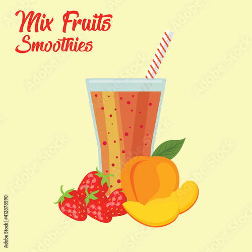 peach mix strawberry smoothie in plastic cup with raspberry fruit, vector illustration