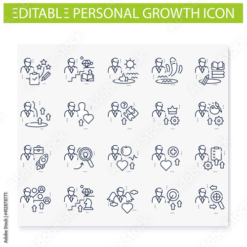 Personal growth line icons set. Consists of self knowledge, enhancing lifestyle, talents development, identifying potential. Isolated vector illustrations. Editable stroke