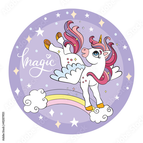 Cartoon unicorn jumping on rainbow vector illustration