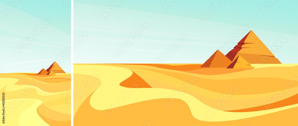 Pyramids in desert. Set of landscapes in vertical and horizontal orientation.