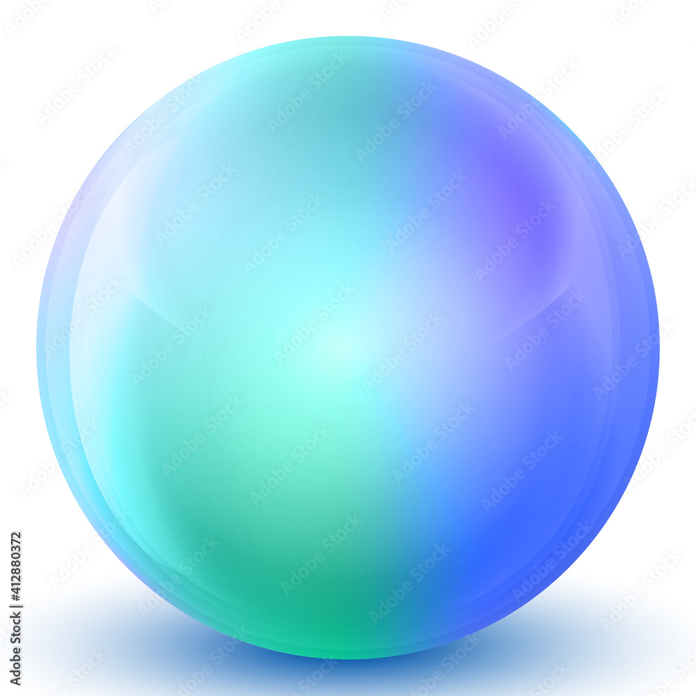 Glass green and blue ball or precious pearl. Glossy realistic ball, 3D abstract vector illustration highlighted on a white background. Big metal bubble with shadow.