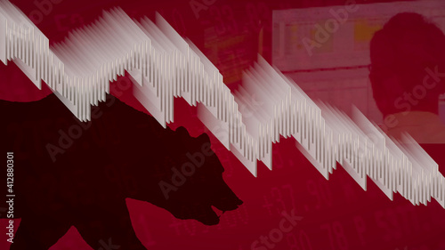 A white bar chart on a red background with a black silhouette of a bear looking down to the descending bar chart shows a downward price movement in the stock market. photo