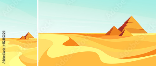 Pyramids in desert. Set of landscapes in vertical and horizontal orientation.