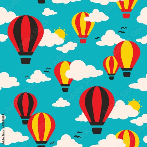 Vector Hot Air Balloon in Blue Sky Seamless Pattern