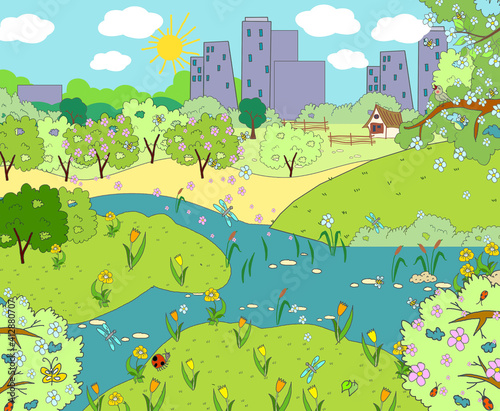 Card, children's illustration, summer warm day in the country. Countryside summer landscape. Mutilplating style. Ecology. City and nature. Green hills, pond, river. Glade with tulips.Reed in a pond. 