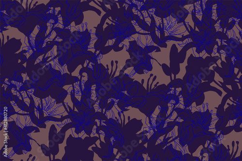 Mystical spotted seamless pattern with indigo silhouettes and outline Lily flowers drawn by hand. Home textile, wallpaper, fabric, bedding, package, poster.