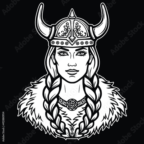 Animation portrait of the beautiful young woman Valkyrie. Pagan goddess, mythical character. White vector illustration isolated on a black background. Print, poster, t-shirt, card.