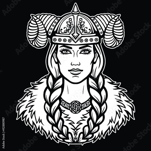 Animation portrait of the beautiful young woman Valkyrie. Pagan goddess, mythical character. White vector illustration isolated on a black background. Print, poster, t-shirt, card.