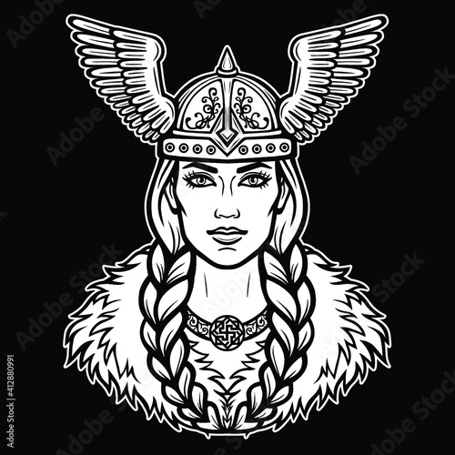 Animation portrait of the beautiful young woman Valkyrie. Pagan goddess, mythical character. White vector illustration isolated on a black background. Print, poster, t-shirt, card.
