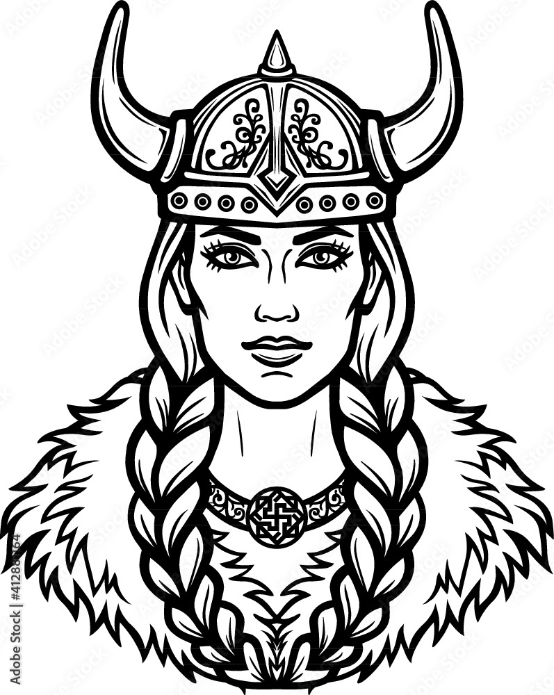 Portrait of the beautiful young woman Valkyrie. Pagan goddess, mythical character. Linear black the white drawing. Vector illustration isolated on a white background. Portrait of the beautiful young woman Valkyrie. Pagan goddess, mythical character. Linear black the white drawing. Vector illustration isolated on a white background.