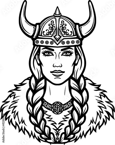 Portrait of the beautiful young woman Valkyrie. Pagan goddess, mythical character. Linear black the white drawing. Vector illustration isolated on a white background.