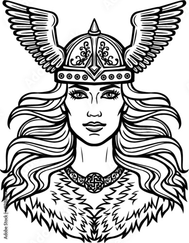 Portrait of the beautiful young woman Valkyrie in a winged helmet. Pagan goddess, mythical character. Linear black the white drawing. Vector illustration isolated on a white background.
