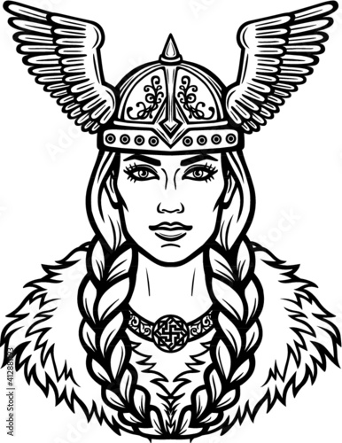 Portrait of the beautiful young woman Valkyrie in a winged helmet. Pagan goddess, mythical character. Linear black the white drawing. Vector illustration isolated on a white background.
