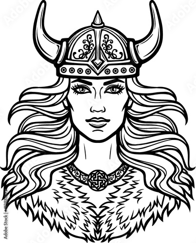 Portrait of the beautiful young woman Valkyrie in a  horned helmet. Pagan goddess, mythical character. Vector illustration isolated on a white background. Print, poster, t-shirt, card. 