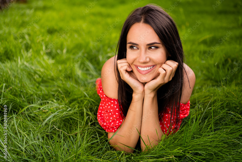 Photo of attractive dreamy stunning brunette woman hold hands cheeks lie grass look park outside in outdoors Photo of attractive dreamy stunning brunette woman hold hands cheeks lie grass look park outside in outdoors
