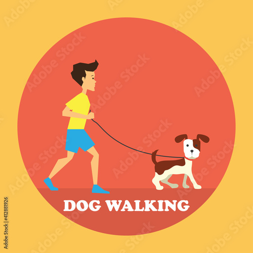 man dog walker walking dog. vector illustration