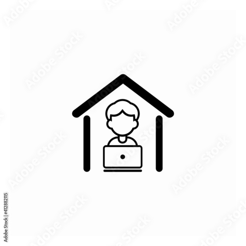 Working at home icon logo illustration. 
Young people working on laptops and computers at home. 
People at home in quarantine.
