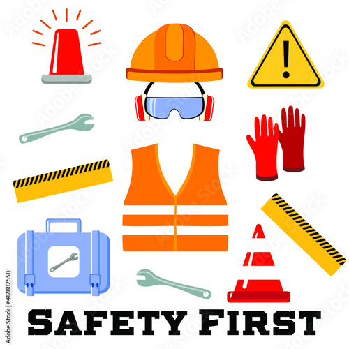 Construction worker repairman thumb up, safety first, health and safety warning signs