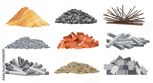 Set of heaps building material. Bricks, sand, gravel and etc. Construction concept. illustrations can be used for construction sites, works and industry gravel
