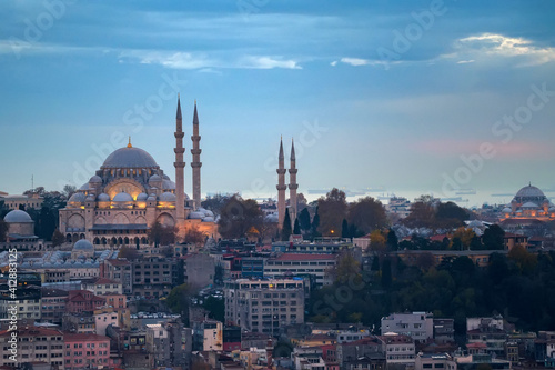 The beautiful twilight view on Suleymaniye Mosquei Istanbul, Turkey
