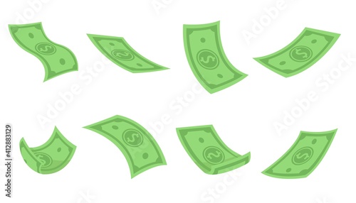 Green flying dollars flat set for web design. Cartoon falling money pack isolated on white background vector illustration collection. Currency, investment and wealth concept
