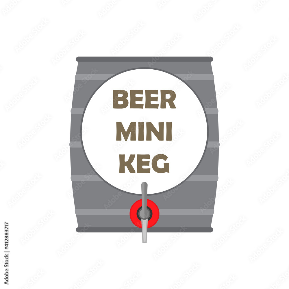 Silver metal beer mini keg with tap. Vector clipart. Illustration оn blank white background.