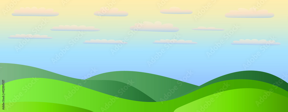 Summer landscape, fields, meadows, trees and grass on a summer day. Screensaver for cover or web design, nature of Europe.