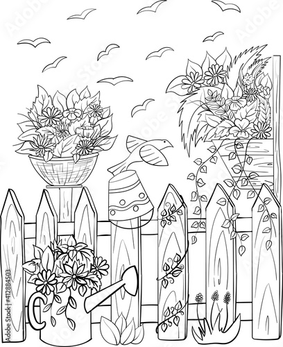 Countryside landscape with flowers, fense, birds. Vector coloring page.