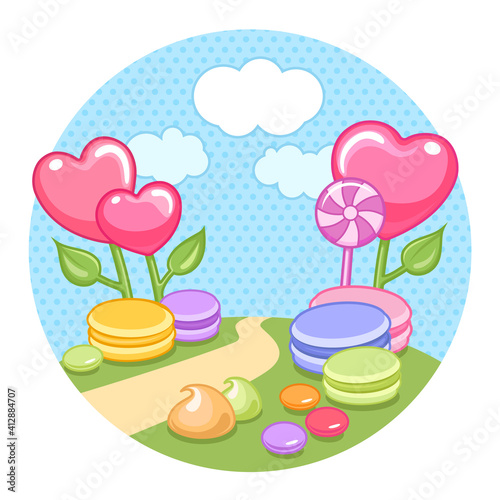 Landscape with sugar heart candies, macaroons, lollipops, bonbons and sweets in a round frame. Vector illustration.